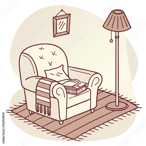 Cozy Reading Corner: A tranquil scene depicting a inviting armchair with a book resting on it, set in a warmly lit cozy room. Evoking feelings of relaxation, contemplation.