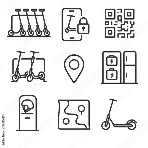 E-Scooter Fleet Icons. Line style icons of Shared E-Scooter Fleet: scooter rack, smartphone unlock icon, QR code, docking station,