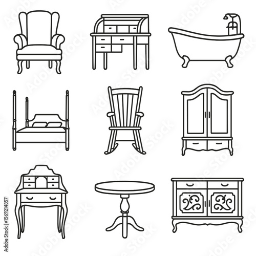 Antique Furniture Icons. Line style icons of Antique Furniture: wingback chair, roll-top desk, clawfoot bathtub, four-poster bed,