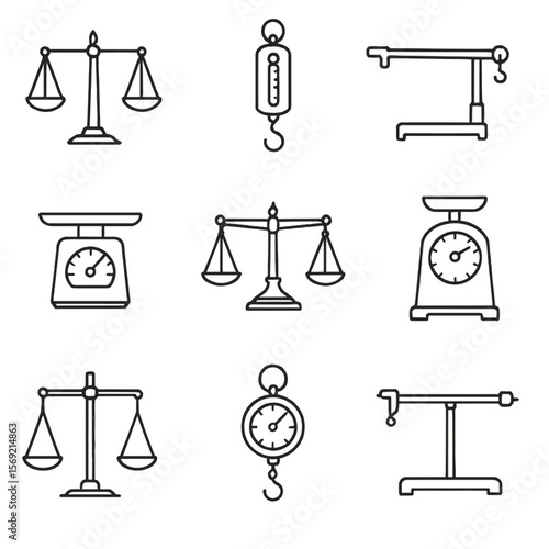 Antique Scale Icons. Line style icons of Antique Scales: balance scale, spring scale, steelyard, postage scale, apothecary scale,