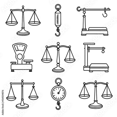Antique Scale Icons. Line style icons of Antique Scales: balance scale, spring scale, steelyard, postage scale, apothecary scale,