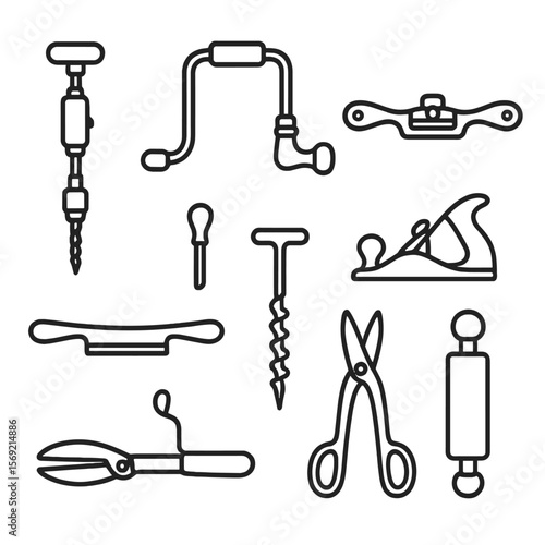 Antique Tool Icons. Line style icons of Antique Tools: hand drill, brace and bit, spoke shave, hand plane, drawknife, auger,