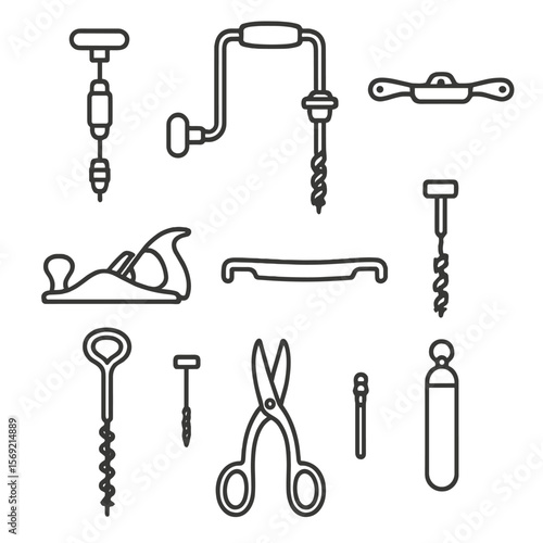 Antique Tool Icons. Line style icons of Antique Tools: hand drill, brace and bit, spoke shave, hand plane, drawknife, auger,