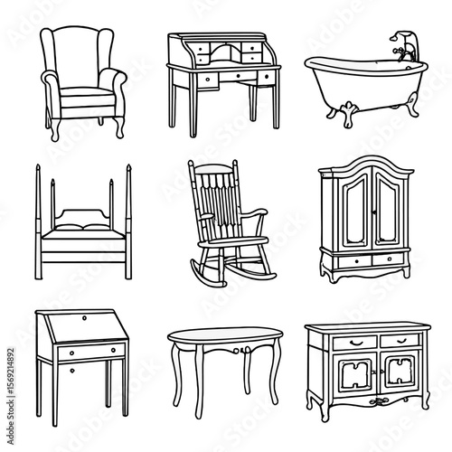 Antique Furniture Icons. Line style icons of Antique Furniture: wingback chair, roll-top desk, clawfoot bathtub, four-poster bed,