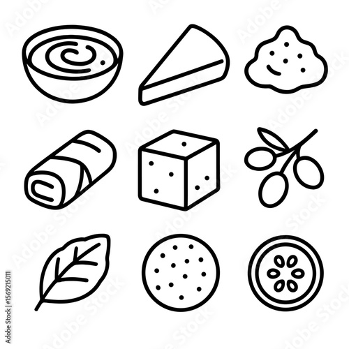 Mediterranean Snack Icons. Line style icons of Mediterranean Snack Platter: hummus bowl, pita wedge, tzatziki dollop, dolma, feta