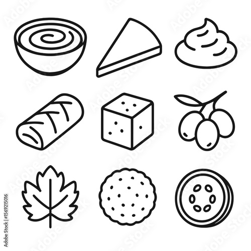 Mediterranean Snack Icons. Line style icons of Mediterranean Snack Platter: hummus bowl, pita wedge, tzatziki dollop, dolma, feta