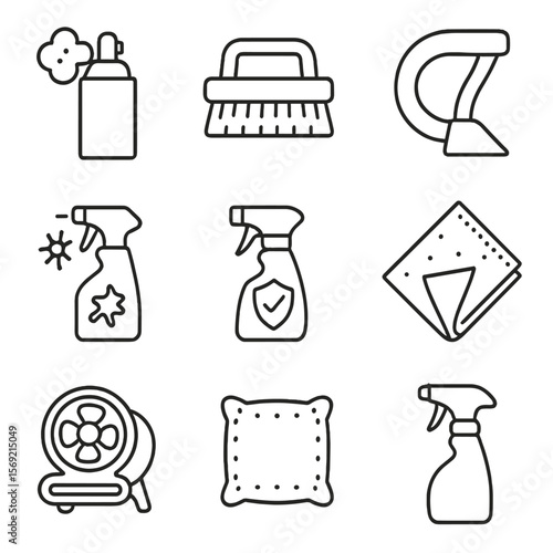 Upholstery Maintenance Icons. Line style icons of Upholstery Maintenance: foam spray, upholstery brush, vacuum hose tool, stain