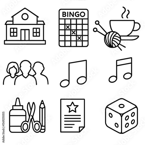 Social Engagement Icons. Line style icons of Social Engagement: community center building, bingo card, knitting needles, tea cup,