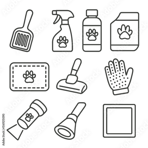 Pet Cleaning Icons. Line style icons of Pet Area Cleaning: litter scoop, odor neutralizer spray, enzyme cleaner, pet-safe wipe,