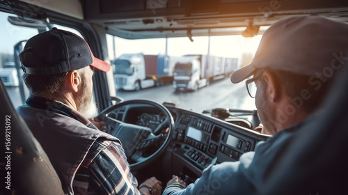 Truck driving school training yard with instructors. Concept of professional education.
