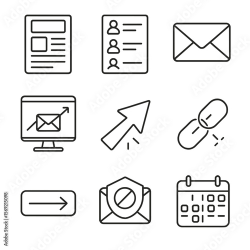Email Marketing Icons. Line style icons of Email Marketing: email template, subscriber list, envelope icon, open-rate graph, click
