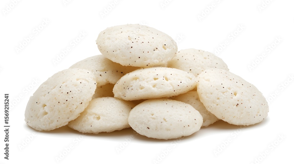 Obraz premium Photograph of puffed rice snacks, a stack of light-colored, irregular shapes with small holes.