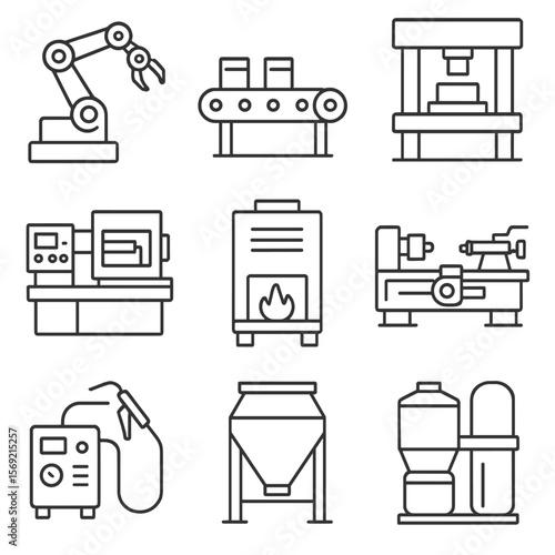 Industrial Equipment Icons. Line style icons of Industrial Manufacturing Equipment: assembly robot, conveyor belt, stamping press,