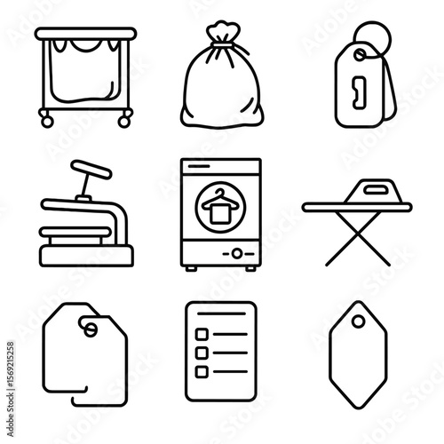 Hotel Laundry Icons. Line style icons of Hotel Laundry Services: linen cart, guest laundry bag, key tag, commercial press, drying