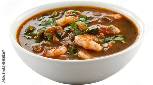 Photograph of a bowl filled with seafood gumbo, garnished with fresh parsley.