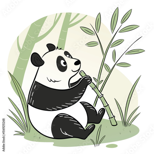 Playful Panda in Bamboo Paradise: A charming illustrated panda, contentedly munching on a bamboo stalk amidst a serene grove, evoking a sense of peace and harmony within its lush, natural habitat.