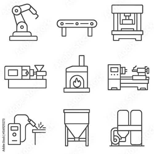 Industrial Equipment Icons. Line style icons of Industrial Manufacturing Equipment: assembly robot, conveyor belt, stamping press,