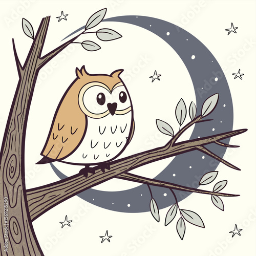 Night Owl's Serenade: A whimsical illustration presents a charming owl perched serenely upon a tree branch under the soft glow of a crescent moon and a sprinkling of stars.