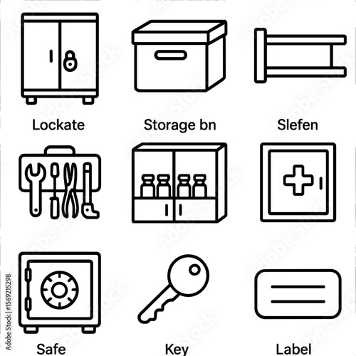 Safe Storage Icons. Line style icons of Safe Storage & Organization: lockable cabinet, storage bin, shelf guard, tool organizer,