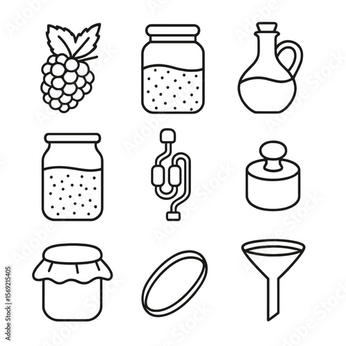 Blackberry Vinegar Icons. Line style icons of Blackberry Vinegar Fermentation: blackberry cluster, sugar jar, vinegar jug,