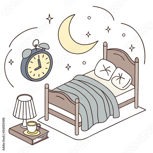 Serene Night's Rest: An inviting scene depicts a cozy bed, bedside lamp, alarm clock, crescent moon and star, evoking peaceful rest and the tranquility of night. 