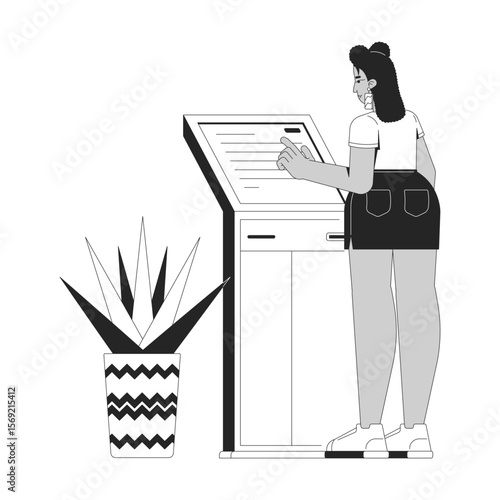 Latina woman using self service banking kiosk outline illustration. Female customer interacts with touchscreen payment terminal 2D line character isolated on white. Monochrome vector ink linear image