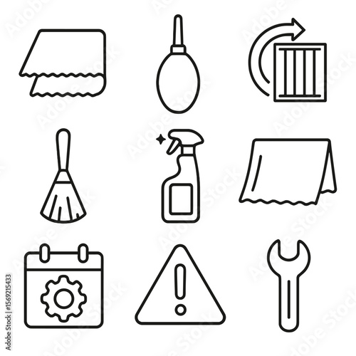Cleaning Tools Icons. Line style icons of Cleaning & Maintenance: lens cleaning cloth, air blower bulb, filter replacement icon,