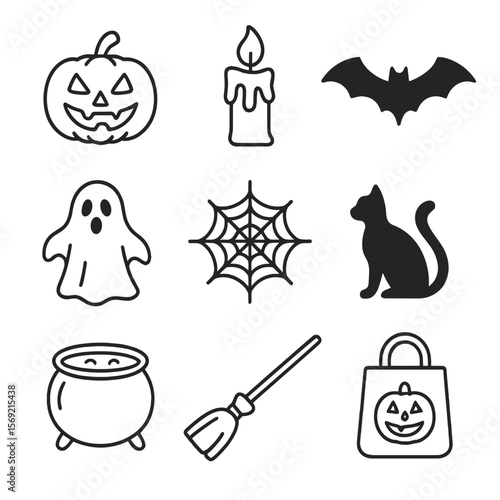 Halloween Icons Set. Line style icons of Halloween Pumpkins: carved jack-o’-lantern, spooky candle, bat silhouette, ghost figurine