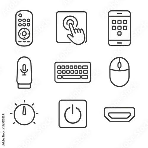 Control Interface Icons. Line style icons of Control Interfaces: universal remote, touch panel, smartphone app, voice assistant
