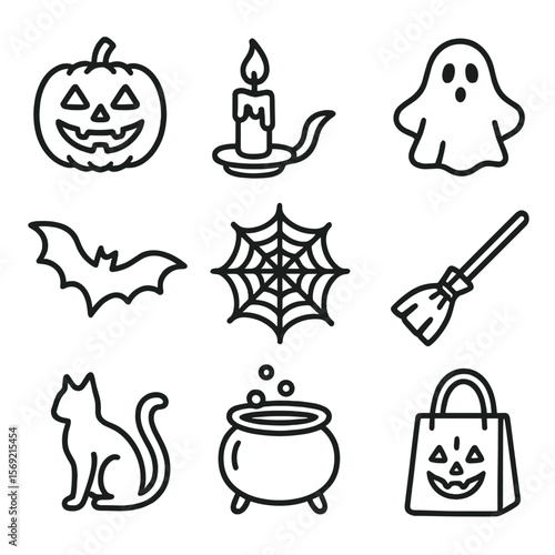 Halloween Icons Set. Line style icons of Halloween Pumpkins: carved jack-o’-lantern, spooky candle, bat silhouette, ghost figurine