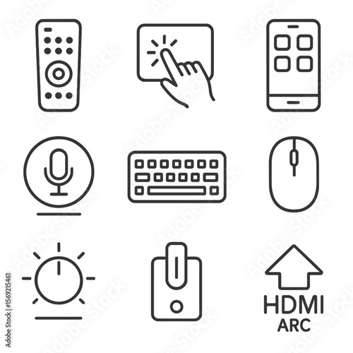 Control Interface Icons. Line style icons of Control Interfaces: universal remote, touch panel, smartphone app, voice assistant