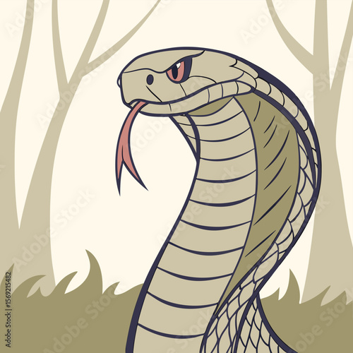 Intricate Cobra Portrait: A stylized cobra illustration with a distinctive hood flared, its forked tongue darting out, set against a muted, serene woodland backdrop.