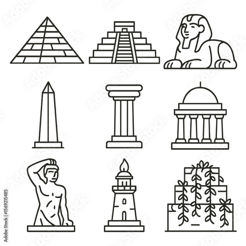 Ancient Wonders Icons. Line style icons of Ancient Wonders: pyramid structure, ziggurat tier, sphinx statue, obelisk spire, temple