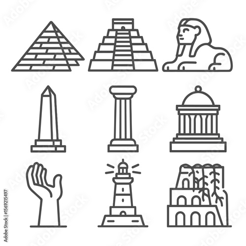 Ancient Wonders Icons. Line style icons of Ancient Wonders: pyramid structure, ziggurat tier, sphinx statue, obelisk spire, temple