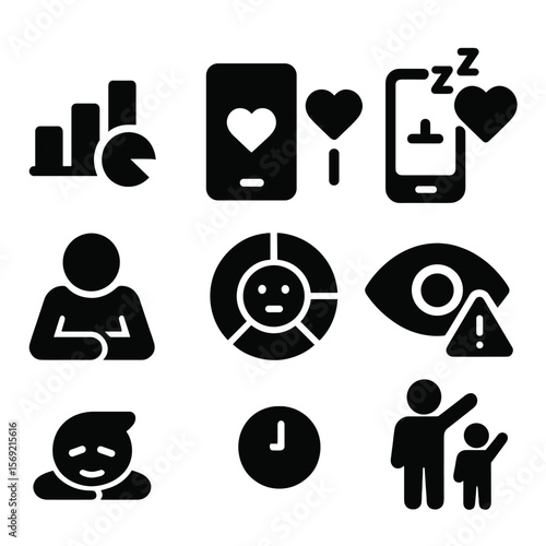 Digital Wellbeing Icons. Solid style icons of digital wellbeing: screen balance chart, digital wellness icon, health-friendly
