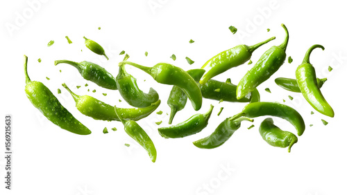 Fresh flying falling green chili peppers isolated on transparent background
