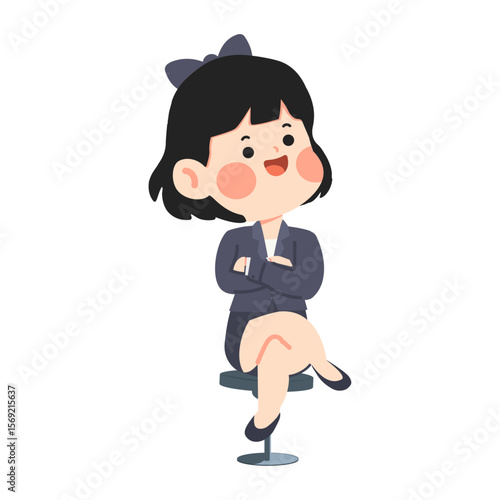 Cartoon Businesswoman Sitting with Crossed Arms