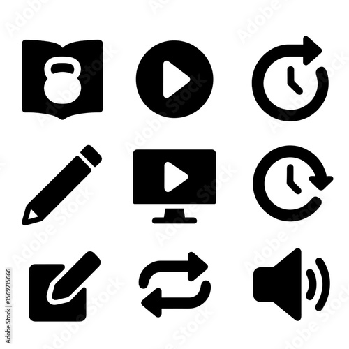 Workout App Icons. Solid style icons of workout app features: exercise library, start workout button, set completed icon, skip