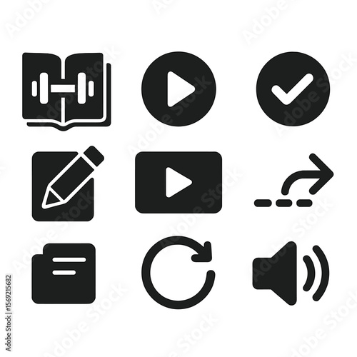 Workout App Icons. Solid style icons of workout app features: exercise library, start workout button, set completed icon, skip