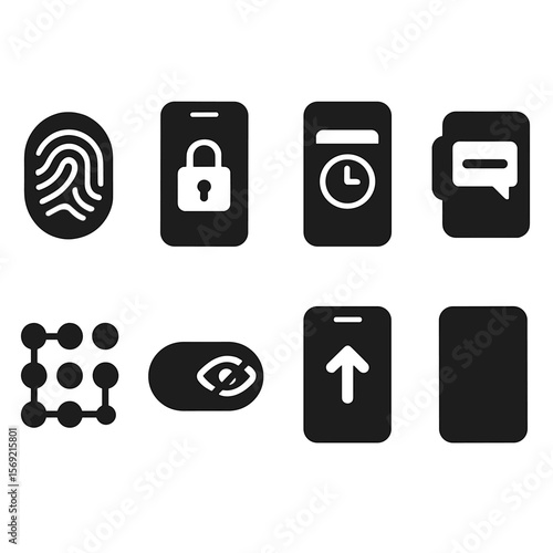 Lock Screen Icons. Solid style icons of lock screen styles: fingerprint area, lock preview, date/time design, message preview box,