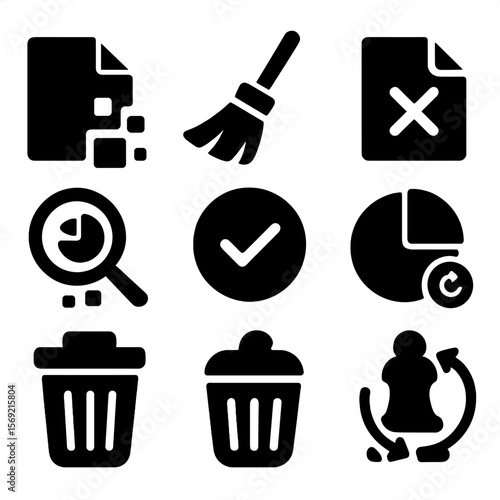 Cleaner App Icons. Solid style icons of cleaner apps: junk file icon, cache cleaner, temp file removal, deep clean scan, storage