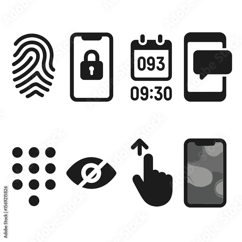 Lock Screen Icons. Solid style icons of lock screen styles: fingerprint area, lock preview, date/time design, message preview box,