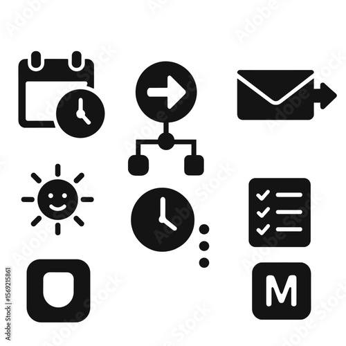 Automation Icon Set. Solid style icons of automation utilities: task scheduler, trigger icon, condition setup, auto-reply, daily
