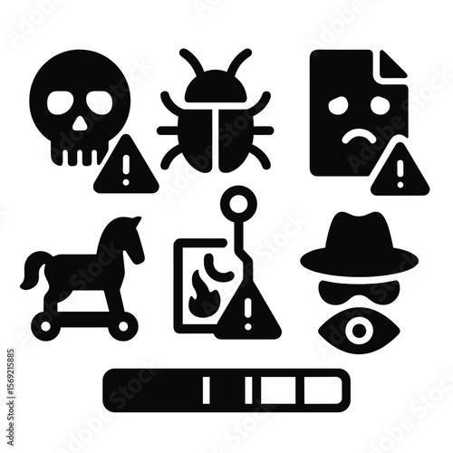 Threat Detection Icons. Solid style icons of threat detection: skull alert, bug icon, suspicious file, phishing warning, trojan