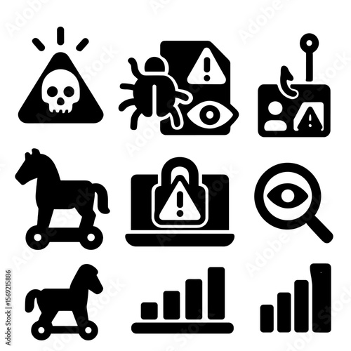 Threat Detection Icons. Solid style icons of threat detection: skull alert, bug icon, suspicious file, phishing warning, trojan