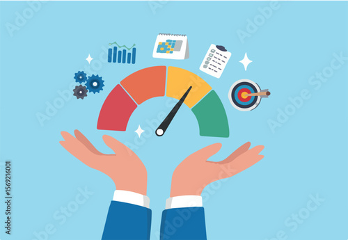 KPI key performance indicator, success benchmark or measuring goal achievement, metric or comparison standard, winning target dashboard concept, businessman hand with KPI performance gauge scale