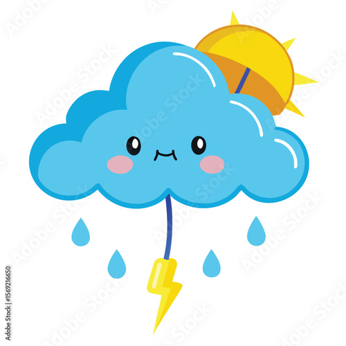A cute cloud is holding an umbrella in a thunderstorm with rain and lightning, symbolizing a rainy day and bad weather.