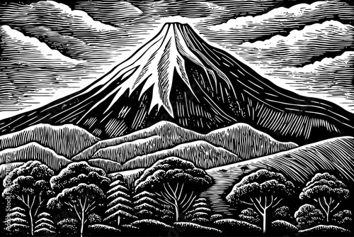 The towering Mount Meru, central to Hindu and Buddhist cosmology, surrounded by concentric rings and divine energy vector a black and white line art illustration