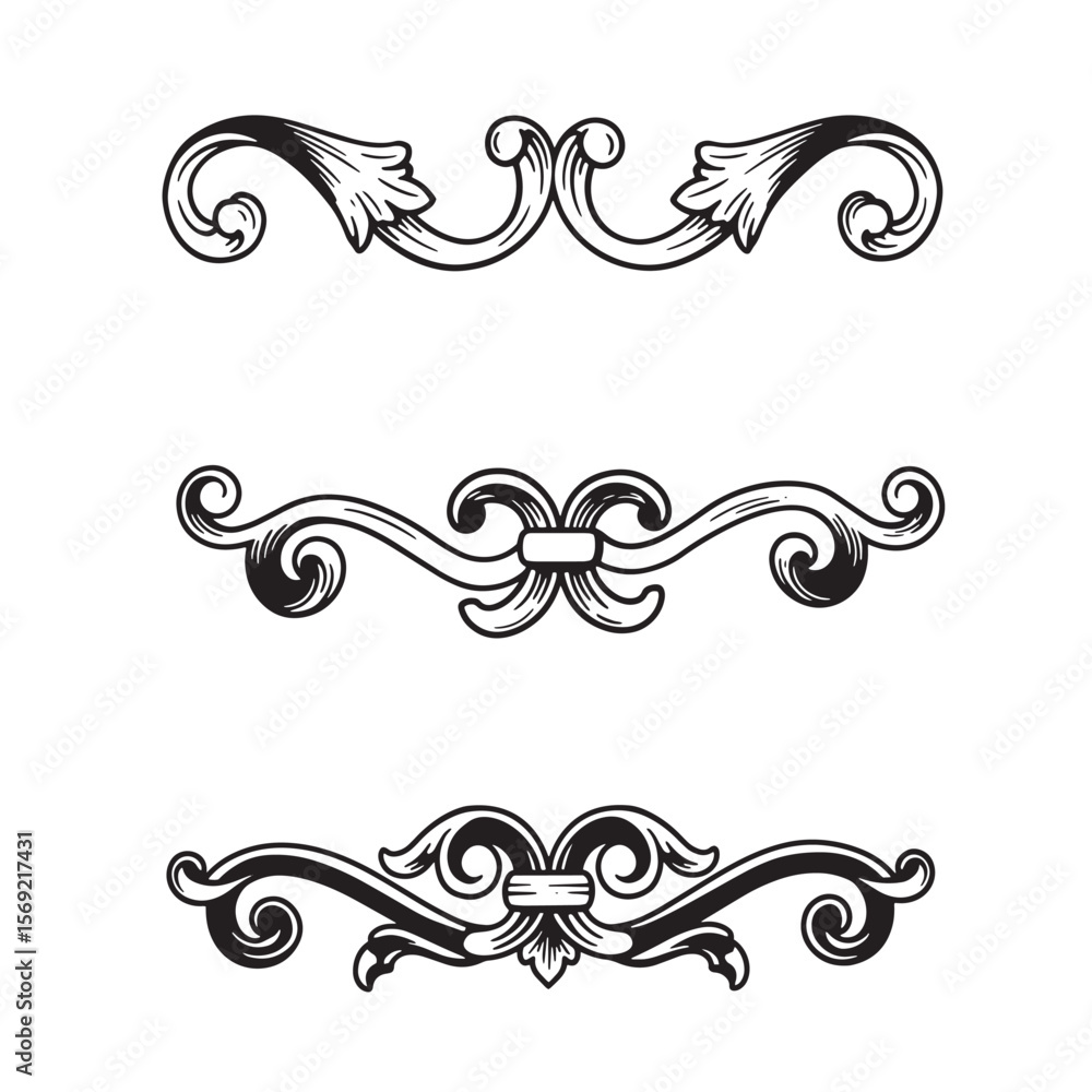Fototapeta premium Vector set of decorative floral swirl elements in classic ornamental design