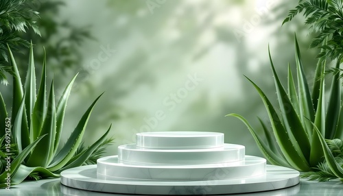 White podium with green leaves shadow